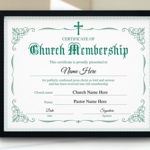 Plantilla de certificado de membresía de la iglesia, certificado de suministros de oficina de la iglesia para nuevos miembros de la iglesia, certificado de membresía editable imprimible
