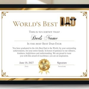 Bester Dad Zertifikat Award der Welt, Best Dad Award Zertifikat, druckbar, editierbar, Vatertag, Papa Geburtstag, personalisiertes Geschenk für Papa