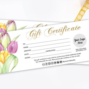 Aquarell Tulpe Geschenkgutschein, Fügen Sie Ihre LOGO-Geschenkgutschein-Vorlage, Blumen-Geschenkgutschein, Lila und Gelbe Tulpen Diy Shop Gutschein hinzu