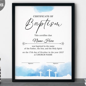 Certificat de baptême, modèle de certificat de baptême 8.5x11, cadeau de baptême, baptême garçon/fille modifiable, certificat de baptême imprimable, Canva