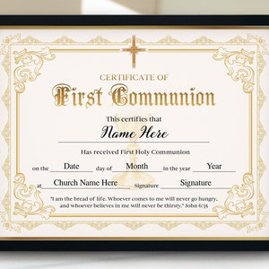 First Communion Certificate, 11x8.5 Printable First Communion Certificate Template, Gold First Communion gift, Printable Editable download