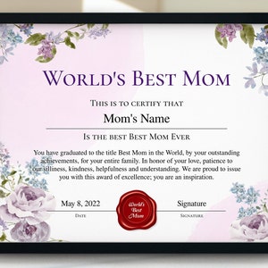 Plantilla de certificado de premio del Día de la Madre a la Mejor Mamá, Regalo personalizado para el Día de la Madre, Certificado editable de Mejor Mamá, Certificado del Día de la Madre