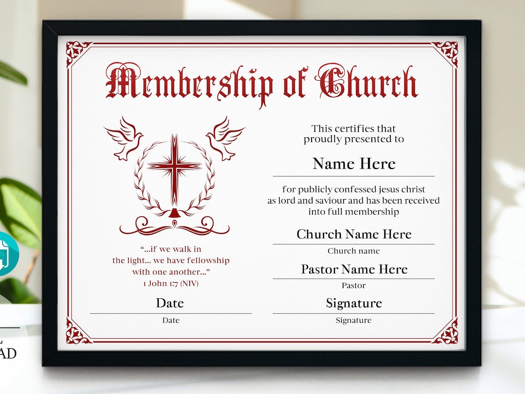 11x8.5 New Member Certificate of Membership, Printable Church
