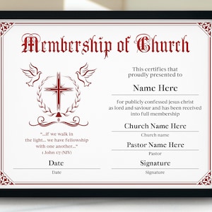 11x8.5 New Member Certificate of Membership, Printable Church Membership Certificate, Editable Member Certificate, Church Templates Download
