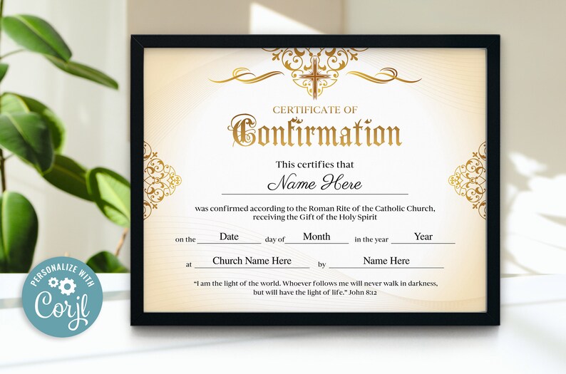 11x8.5 Gold Certificate of Confirmation, Printable Confirmation