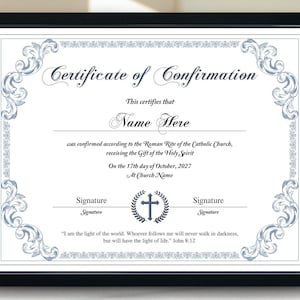 Modèle de certificat de confirmation modifiable, imprimés religieux minimalistes, certificat de confirmation catholique 11x8.5, certificat d'église