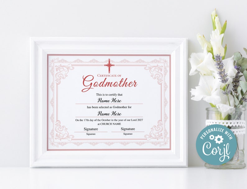 Godmother Certificate Template, Printable Editable Godmother ...