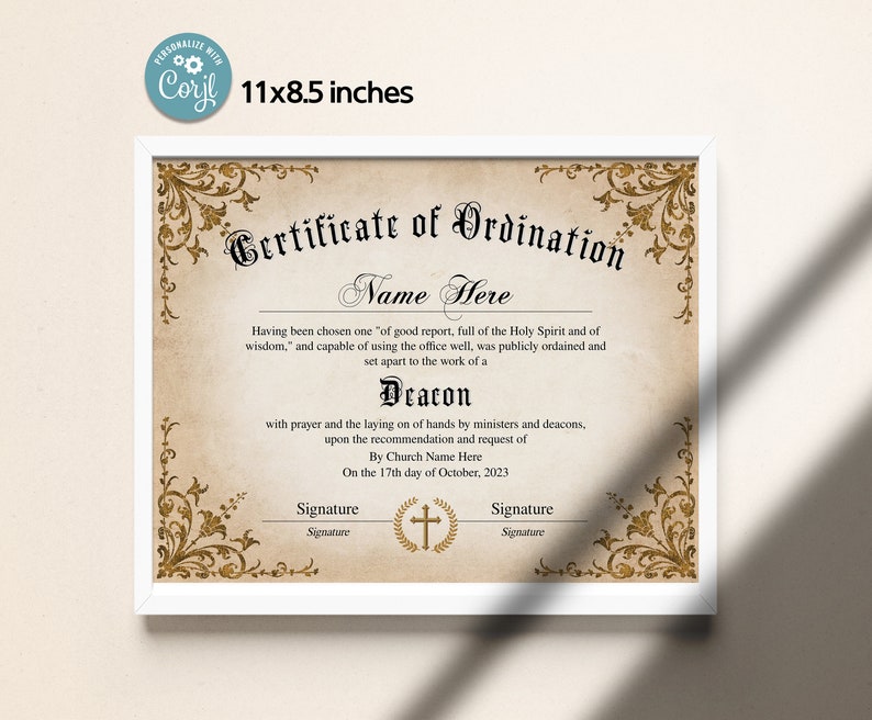 Deacon Ordination Certificate Template, Printable Editable Certificate ...