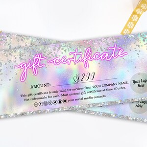 Certificado de regalo holográfico, certificado de regalo holográfico, plantilla personalizada de vale de regalo de color unicornio, agregar logotipo, brillo del arco iris