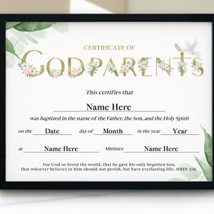 Plantilla de Certificado de Padrinos de Bautismo, PDF, PPT, Certificado de Padrinos Editable e Imprimible, Bautismo 11x8.5, Certificado de Dedicación