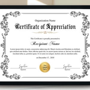 Printable Appreciation Certificate, 11x8.5 Certificate of Appreciation Template, Editable Award Certificate, Appreciation Gift Certificate