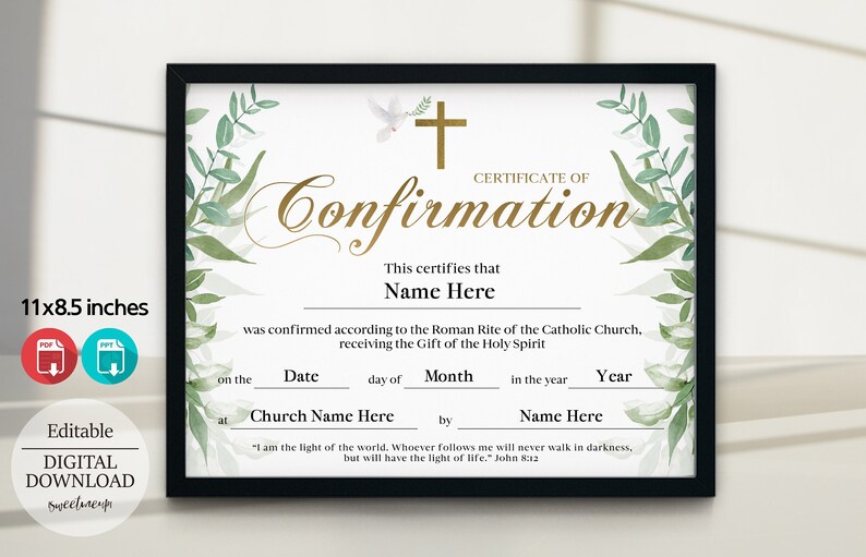 Confirmation Certificate, Church Office Supplies, Editable and