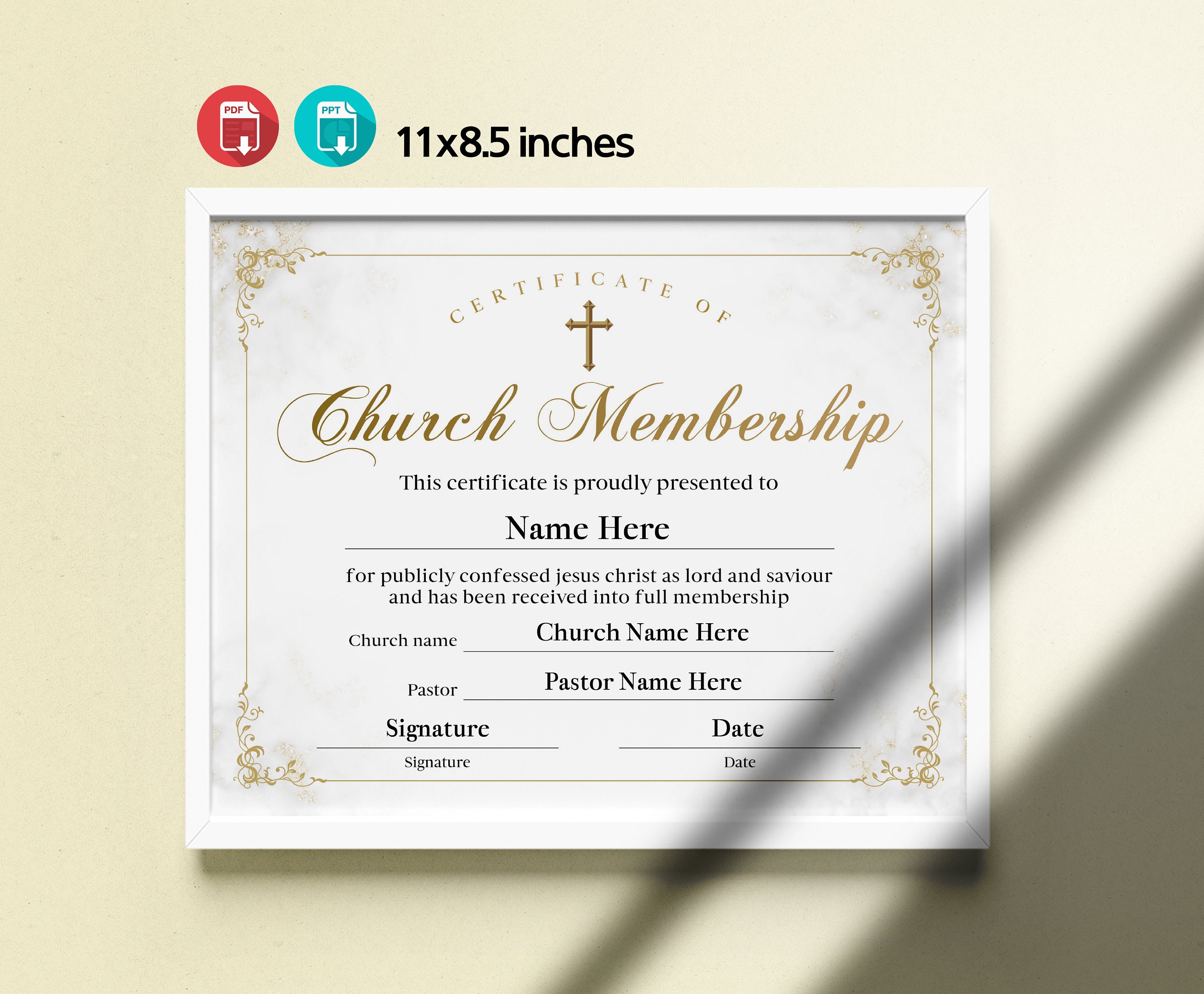 11x8.5 Church Membership Certificate, Printable Certificate of