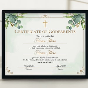 Godparents Certificate Template, Printable Editable Godparents ...
