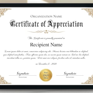 Elegant Gold Certificate of Appreciation, Printable 11x8.5 Appreciation Certificate Template, Editable Appreciation Gift Certificate