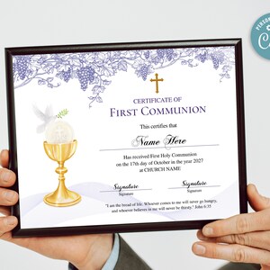 First Communion Certificate, 11x8.5 Printable First Communion ...