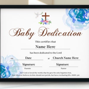Certificado de dedicación de bebé niño, plantilla de certificado de dedicación de bebé, regalo de bautismo imprimible 11x8.5, dedicación de bautizo de bebé editable
