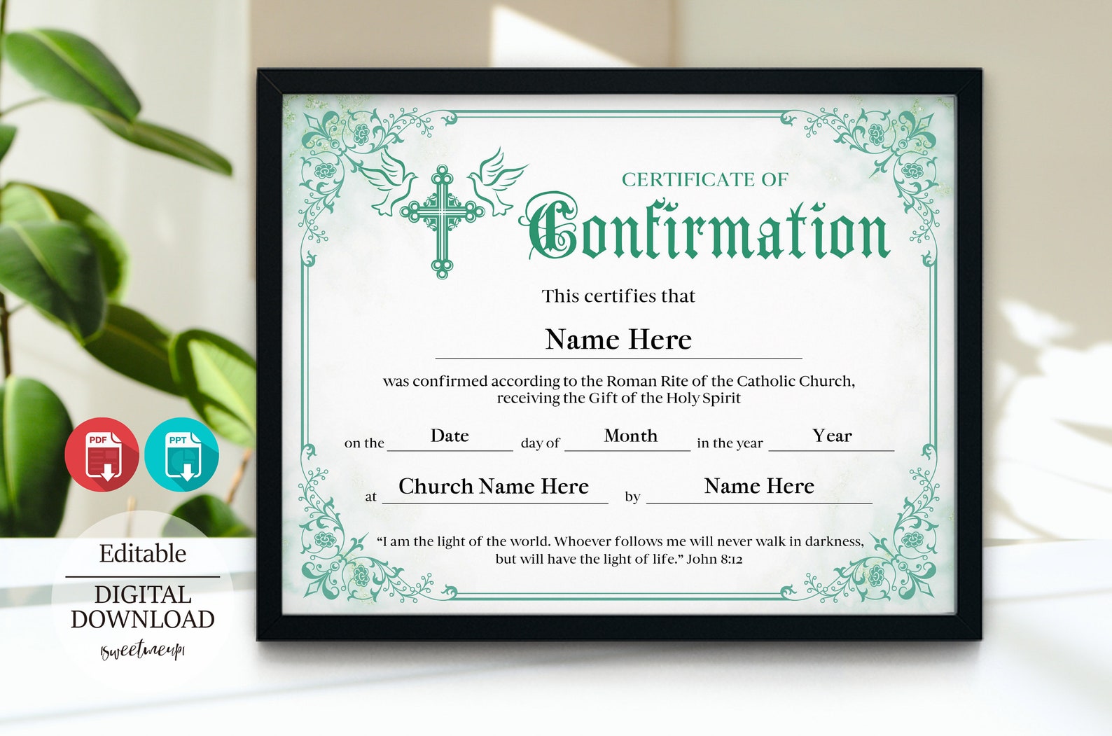 11x8.5 Confirmation Certificate, PPT, PDF Editable and Printable Green