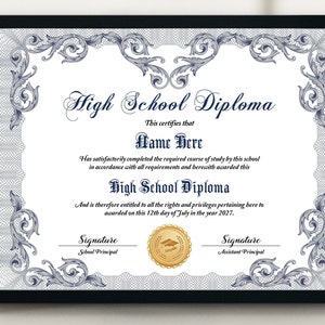 Sjabloon middelbare school diploma, 11 x 8,5 thuisschooldiploma, bewerkbaar aanpasbaar diploma, sjabloon algemene gelijkwaardigheid diploma, GED-diploma