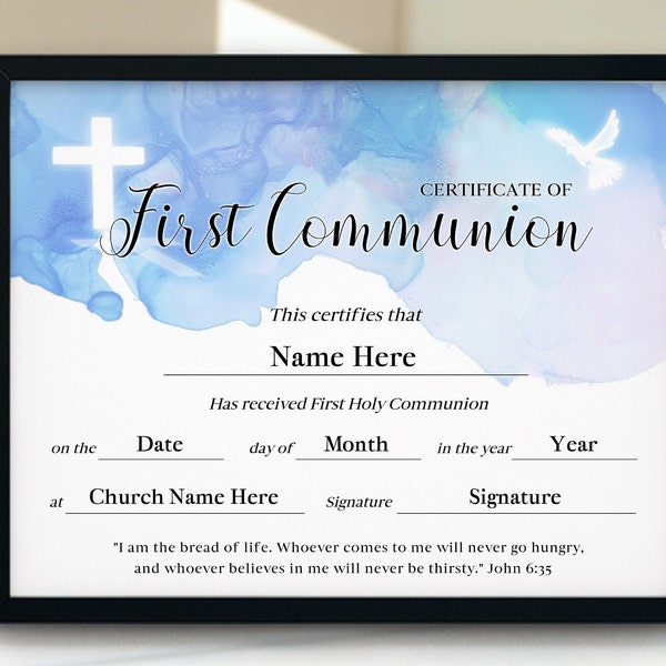 11x8.5 First Communion Certificate, Printable First Communion Certificate Template, First Communion gift, First Communion Editable download