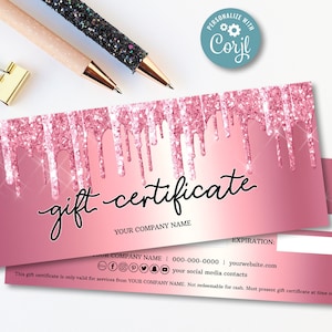Rosa Geschenkgutschein, Sparkle Glitzer Tropfen, Moderne Schönheit Geschenkkarte, Pink Sparkle Glitzer Tropfen Geschenkgutschein, bearbeitbarer Geschenkgutschein