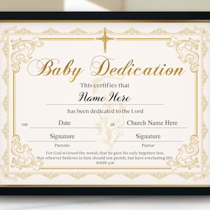 Certificado de dedicación de bebé, Certificado de dedicación de bebé de oro 11x8.5, Dedicación de bautizo de bebé, Plantillas de iglesia imprimibles editables