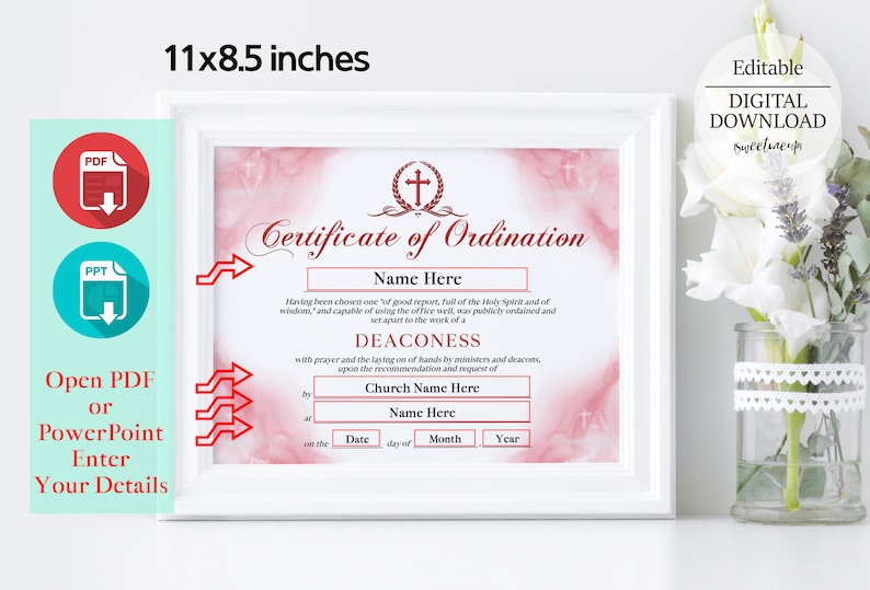 11x8.5 Deaconess Ordination Certificate, Red DIY Editable Certificate ...