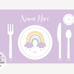 Personalized name Montessori printable placemat, Rainbow Themed Placemat, Lavender Montessori Placemat Printable, Preschool placemat, MP 06