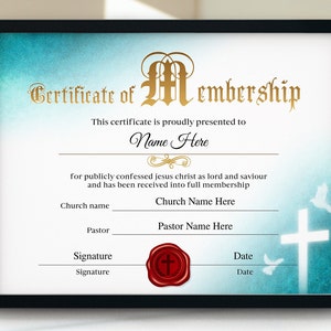 Certificado de membresía de la iglesia, certificado de membresía imprimible 11x8.5, certificado de nuevo miembro editable, descarga instantánea de plantillas de la iglesia