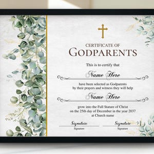 Certificado de padrinos Greeny, Certificado para padrinos, Plantilla de certificado de padrinos imprimible y editable, Certificado de regalo para padrinos