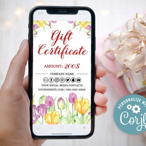 Plantilla de certificado de regalo móvil, certificado de regalo digital floral, vale de regalo electrónico virtual, vale de regalo editable, vale de regalo de tulipán digital