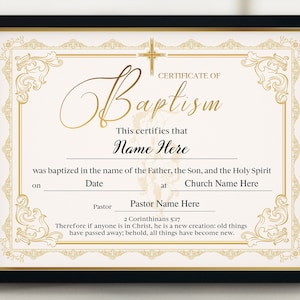 Plantilla de certificado de bautismo, regalo de bautismo, certificado de bautismo 11x8.5, bautismo de niño/niña, plantilla de certificado de bautismo editable, imprimible