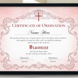 Deaconess Ordination Certificate Template, Printable Editable Certificate of Ordination, Ministry Certificate, 11x8.5 Ordained Minister