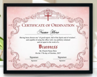 Deaconess Ordination Certificate Template, Printable Editable Certificate of Ordination, Ministry Certificate, 11x8.5 Ordained Minister