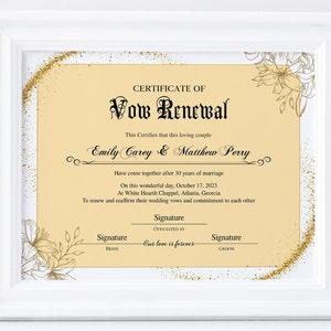 Gelübde Erneuerung Zertifikat Vorlage, bearbeitbare druckbare Hochzeitsurkunde, Andenken an Hochzeitstag, Heiratsurkunde