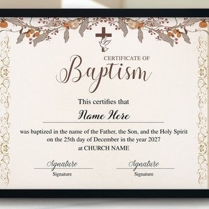 Plantilla de certificado de bautismo, certificado de bautismo 11x8.5, regalo de bautismo de niño/niña, plantilla de certificado de bautismo imprimible editable