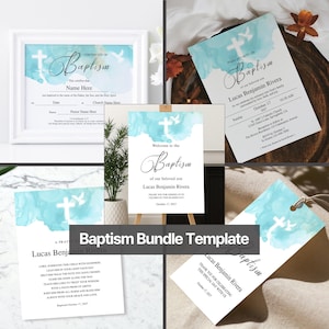 Plantilla de paquete de bautismo azul, regalo de bautismo, decoración de bautismo imprimible y editable, invitación de bautismo, letrero de bienvenida, etiqueta de recuerdo de bautismo para niño y niña