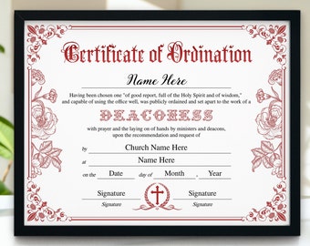 Deaconess Ordination Certificate Template, 11x8.5 Certificate of Ordination, Printable Editable Ministry Certificate, Ordained Minister