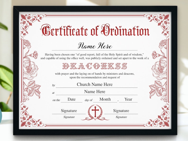 Deaconess Ordination Certificate Template, 11x8.5 Certificate of ...