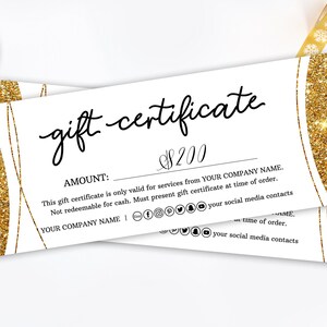 Plantilla de certificado de regalo con brillo dorado, vale de regalo editable glamoroso, vale de regalo para salón de belleza con brillo dorado, tarjeta de regalo de belleza moderna