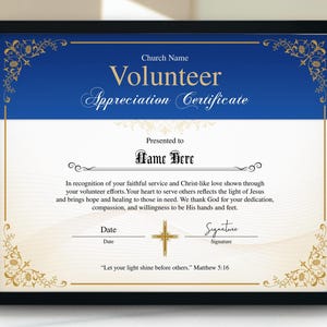 Elegant Volunteer Appreciation Certificate Template, Printable Blue Gold Volunteer Award Certificate, Religious Volunteer Certificate