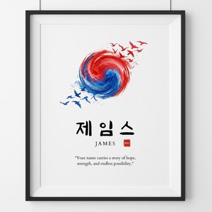 Puede incluir: Una lámina enmarcada con un remolino de acuarela en rojo y azul, que recuerda a un taegeuk, con pájaros volando desde los bordes. Debajo, el texto coreano 제임스, el nombre James, un sello rojo y la cita: Your name carries a story of hope, strength, and endless possibility.