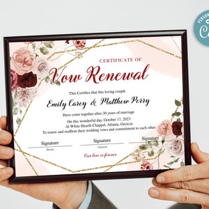 Vow Renewal Certificate Template, Editable Printable Wedding ...