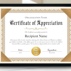 Editable Certificate Of Appreciation Template, 11x8.5 Appreciation Award Certificate Template, Printable  Appreciation Gift Certificate