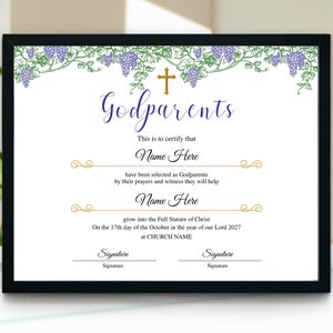 Certificat de parrain vert, certificat de parrain modifiable imprimable pour marraine et parrain, certificat de baptême pour cadeau de parrain