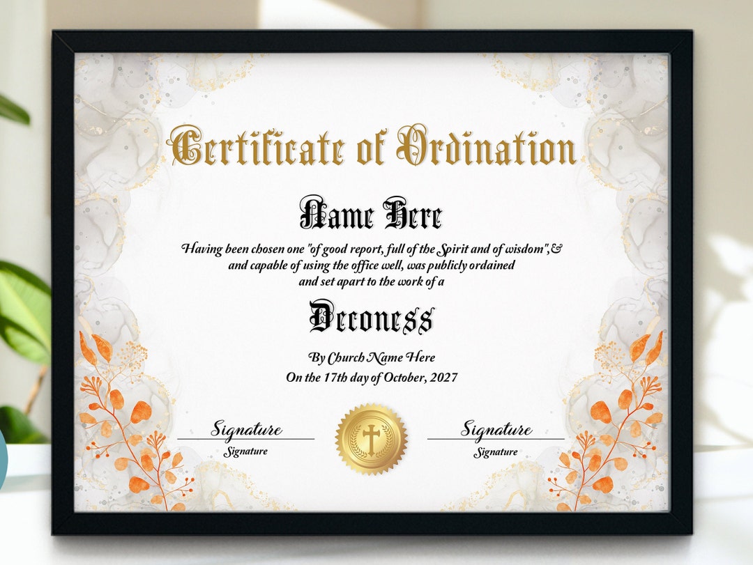 11x8.5 Deaconess Ordination Certificate Template, Ordained Minister ...