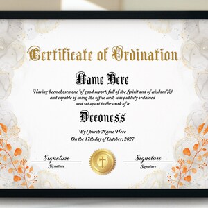 11x8.5 Deaconess Ordination Certificate Template, Ordained Minister, Certificate of Ordination, Printable Editable Ministry Certificate