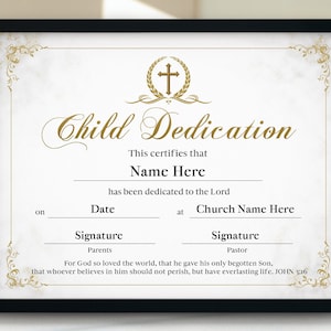 Certificado de dedicación infantil, Plantilla elegante de certificado de dedicación infantil, Dedicación de bautizo infantil editable, Regalo de dedicación infantil