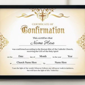 11x8.5 Gold  Certificate Of Confirmation, Printable Confirmation Certificate Template, church certificate, Religious Certificate, Edit
