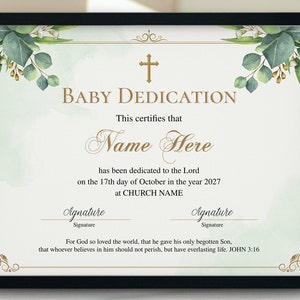 Certificado de dedicación del bebé, Certificado de dedicación del bebé de hojas verdes, Dedicación de bautizo del bebé imprimible editable, Plantillas de la iglesia